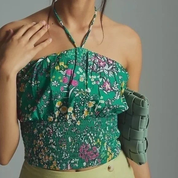 Maeve Anthropologie Green Floral Smocked Boho Halter Crop Top Size Medium - Picture 1 of 7